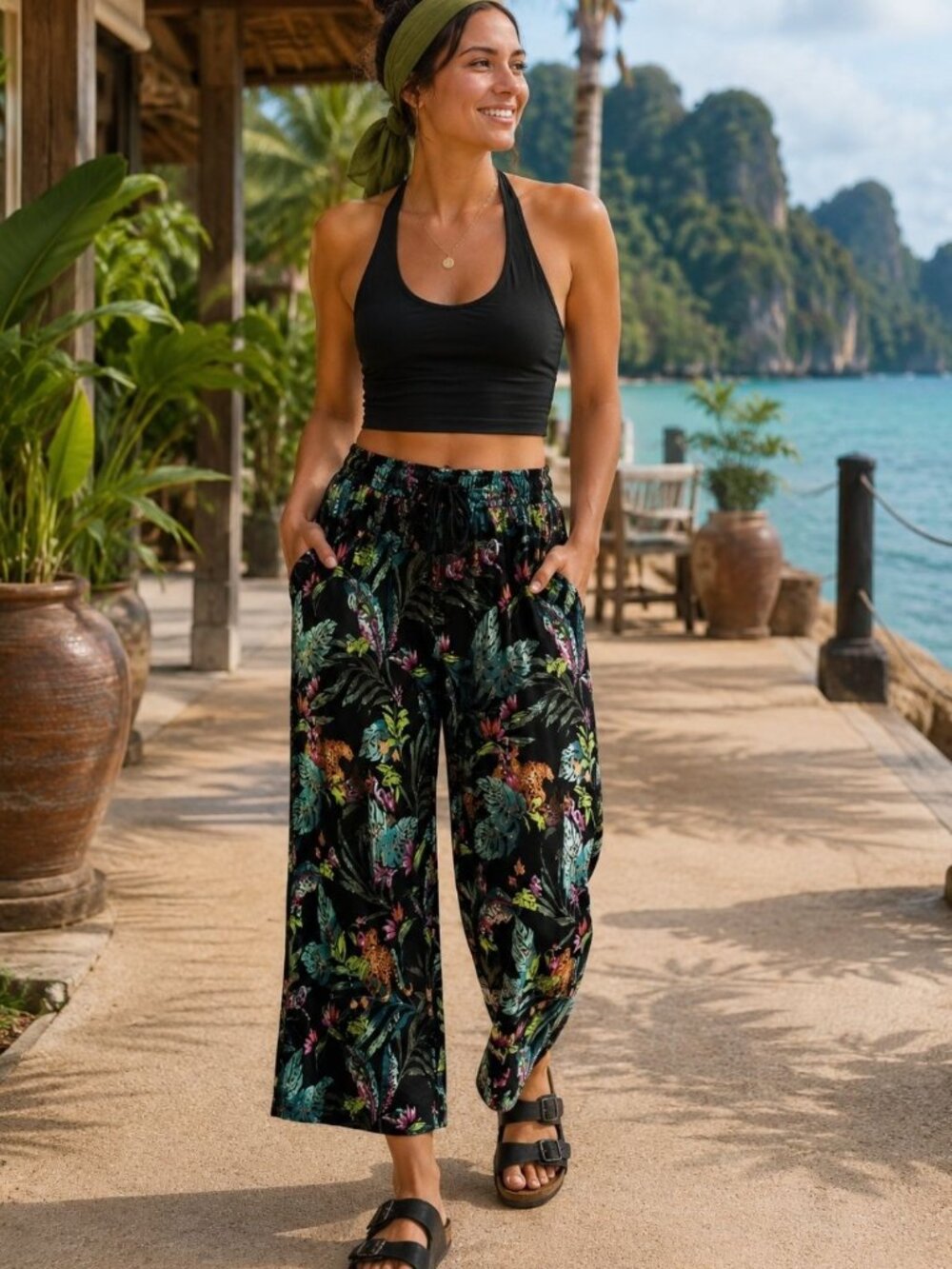 Soma XXL Black Wide-Leg Tropical Print Lounge Pull On Pants Cheetah*Read